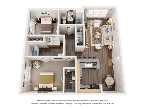 Floor plan for 2 beds, 2 baths, 1022 sqft